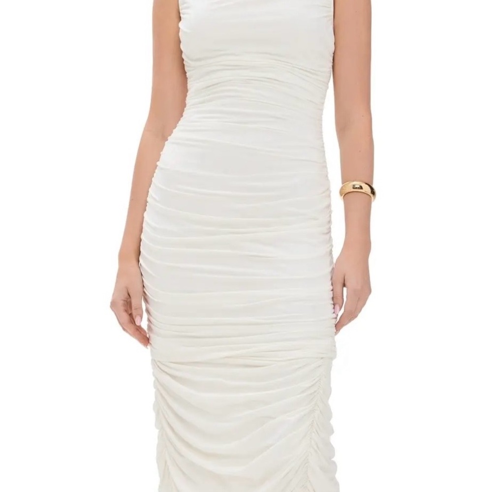 Ruched Cream Midi Dress with Slim Silhouette